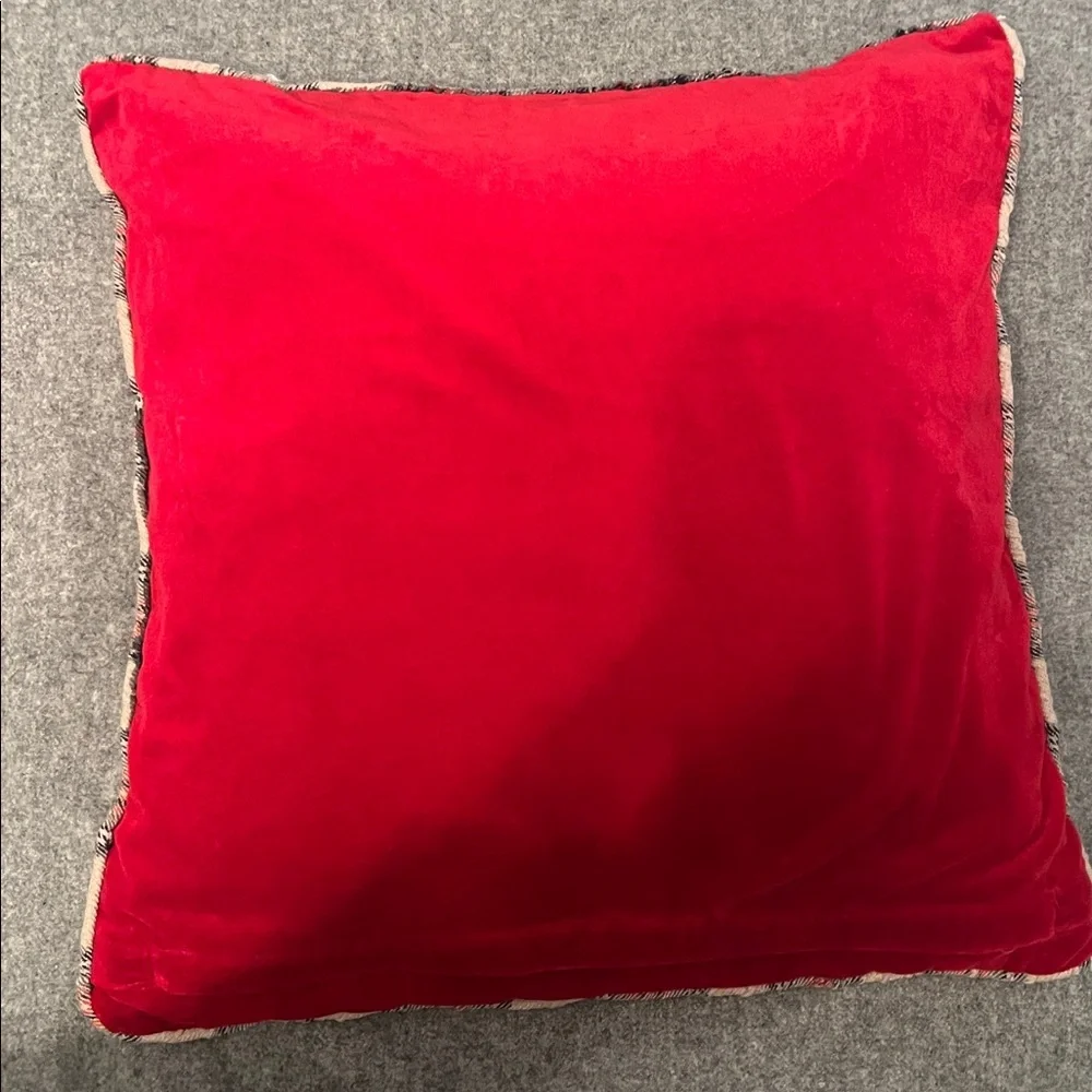 Wool plaid accent holiday red velvet reindeer reversible 20” throw pillow cover